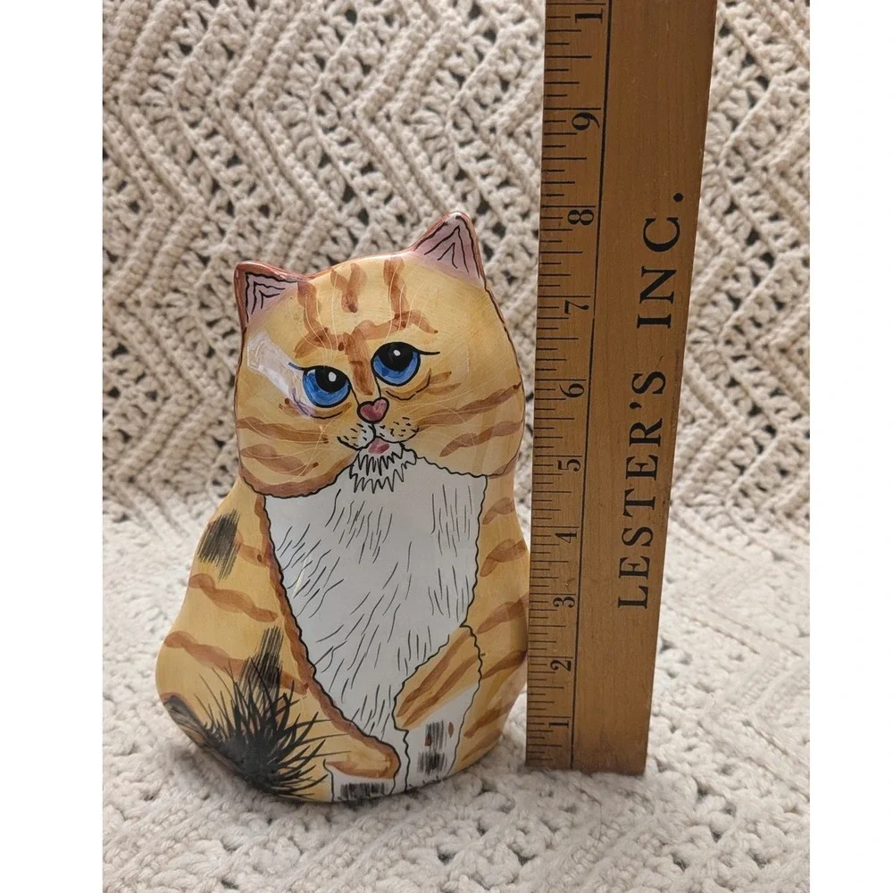 Vintage Hand Painted Ceramic Ginger Tabby Cat Bud Vase Figurine Orange Blue Eyes